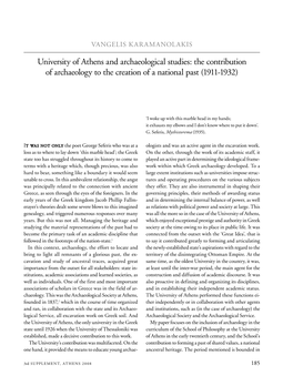 University of Athens and Archaeological Studies: the Contribution of Archaeology to the Creation of a National Past (1911-1932)