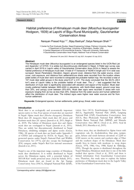 Habitat Preference of Himalayan Musk Deer (Moschus Leucogaster Hodgson, 1839) at Lapchi of Bigu Rural Municipality, Gaurishankar Conservation Area