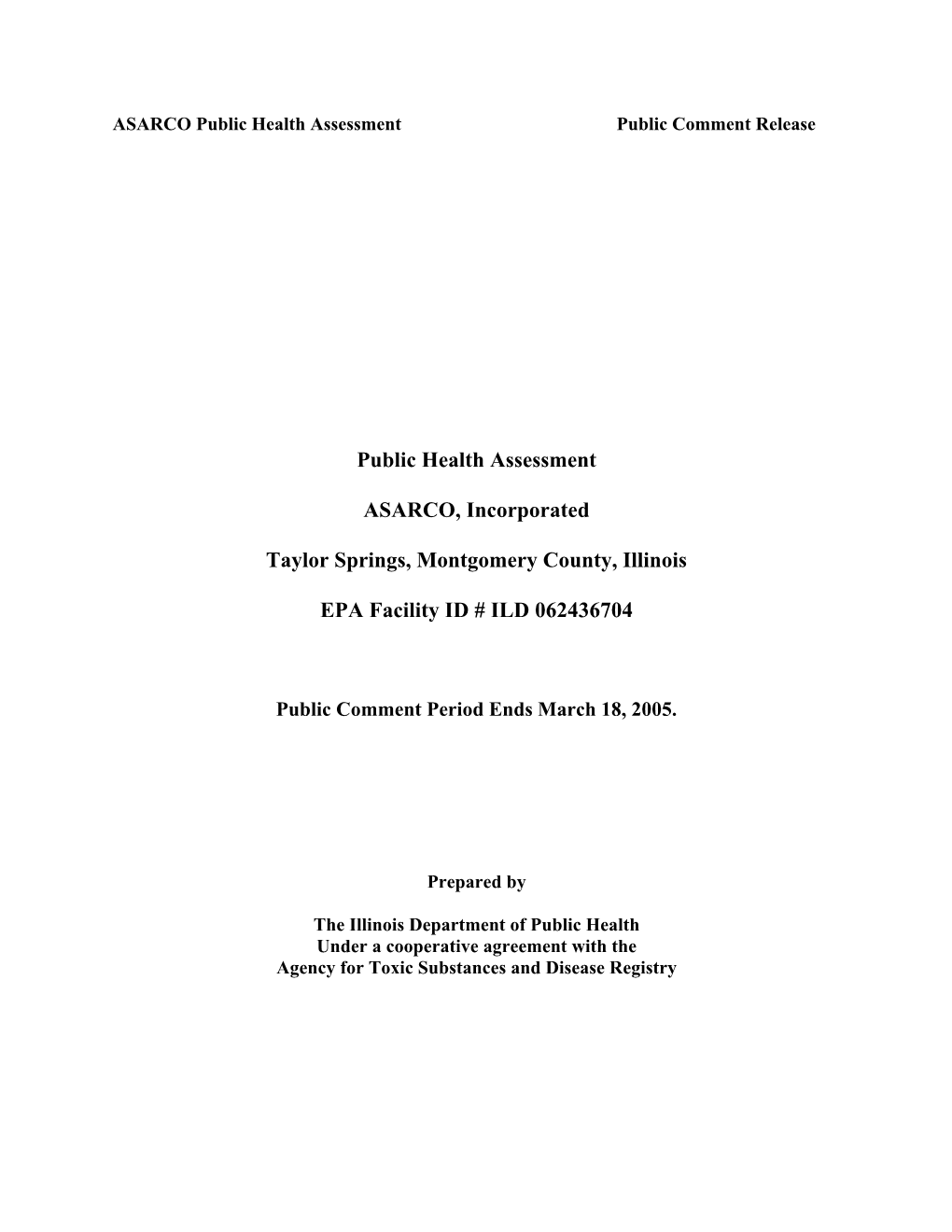 Public Health Assessment ASARCO, Incorporated Taylor Springs