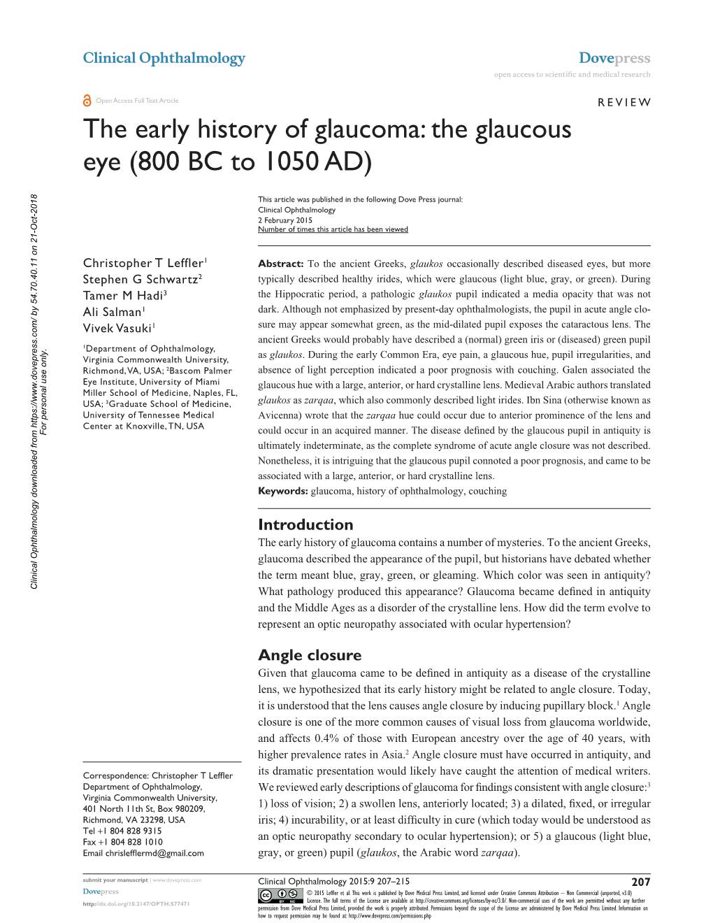 The Early History of Glaucoma: the Glaucous Eye (800 BC to 1050 AD)