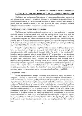 Kinetics and Mechanism of Reactions in Metal Complexes