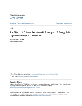 The Effects of Chinese Petroleum Diplomacy on US Energy Policy Objectives in Nigeria (1993-2010)