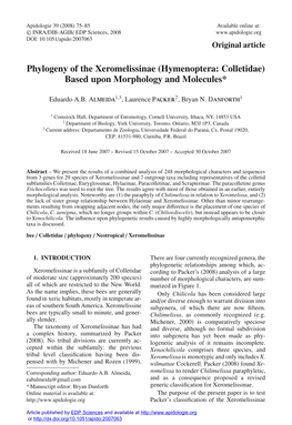 Phylogeny of the Xeromelissinae (Hymenoptera: Colletidae) Based Upon Morphology and Molecules*