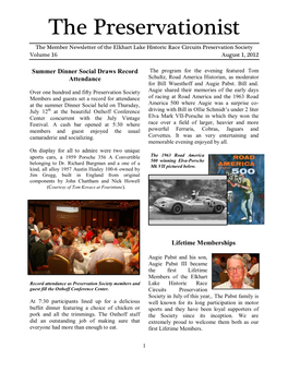 The Preservationist the Member Newsletter of the Elkhart Lake Historic Race Circuits Preservation Society Volume 16 August 1, 2012