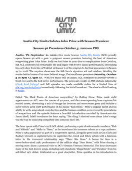 Austin City Limits Salutes John Prine with Season Premiere Season 46