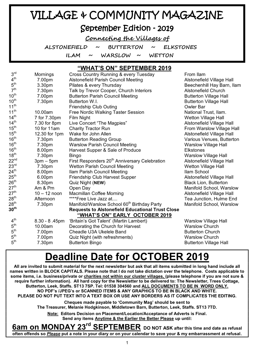 Deadline Date for OCTOBER 2019