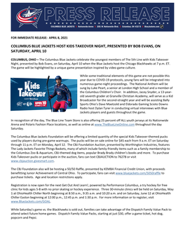Columbus Blue Jackets Host Kids Takeover Night, Presented by Bob Evans, on Saturday, April 10