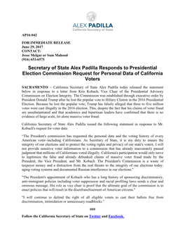 Secretary of State Alex Padilla Responds to Presidential Election Commission Request for Personal Data of California Voters