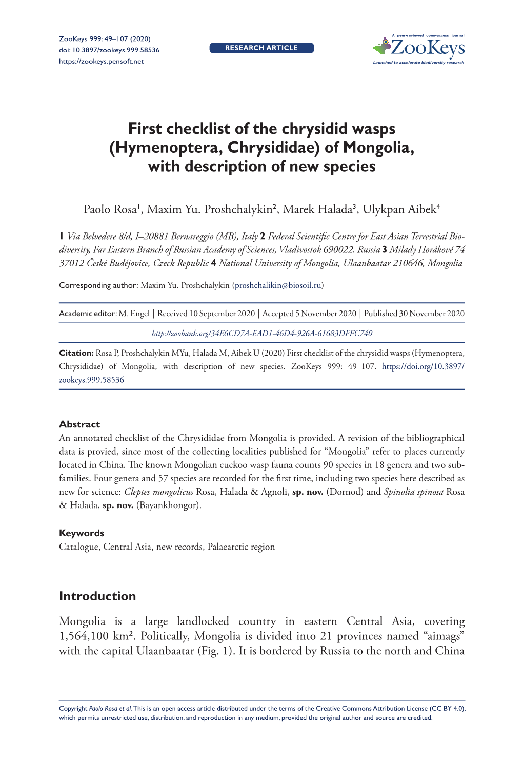 ﻿First Checklist of the Chrysidid Wasps (Hymenoptera, Chrysididae) Of