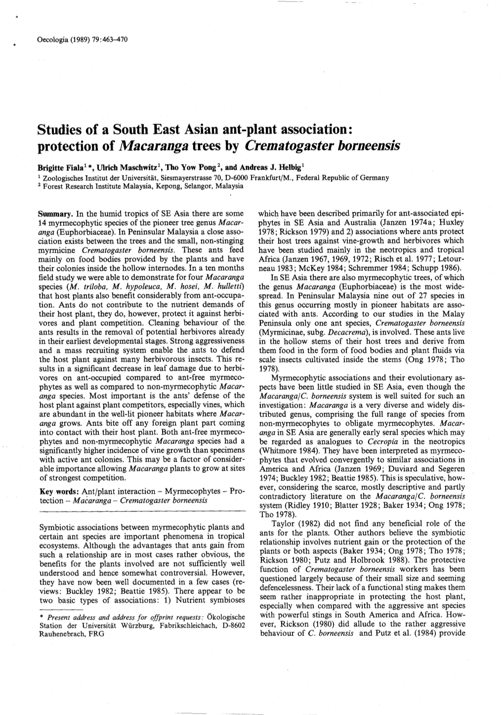 Studies of a South East Asian Ant-Plant Association: Protection of Macaranga Trees by Crematogaster Borneensis