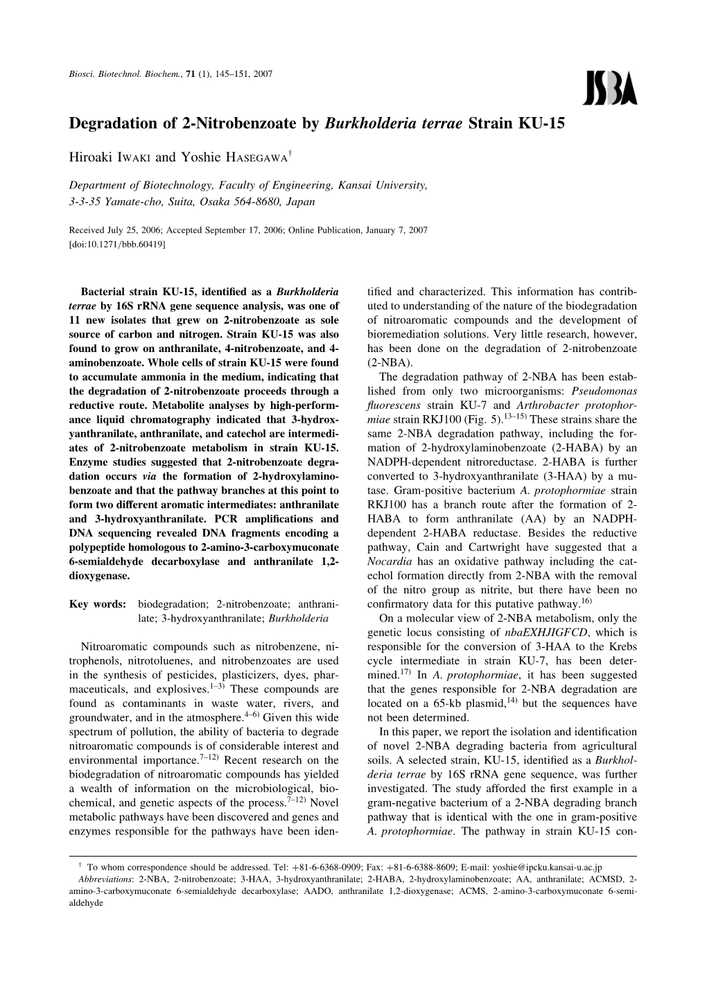 Degradation of 2-Nitrobenzoate by Burkholderia Terrae Strain KU-15