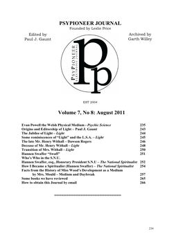 PSYPIONEER JOURNAL Volume 7, No 8: August 2011