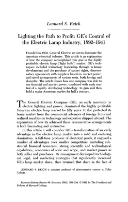 Lighting the Path to Profit: GE's Control of the Electric Lamp Industry, 1892-1941