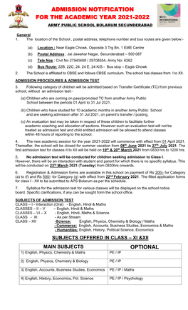 Admission Notification for the Academic Year 2021-2022 Army Public School Bolarum Secunderabad