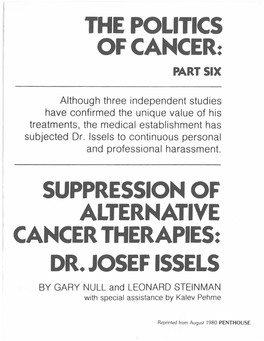 SUPPRESSION of ALTERNATIVE CANCER THERAPIES: DR. JOSEF ISSELS by GARY NULL and LEONARD STEINMAN with Special Assistance by Kalev Pehme