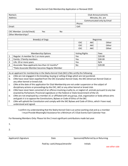 Skaha Kennel Club Membership Application Or Renewal 2020 Name/S
