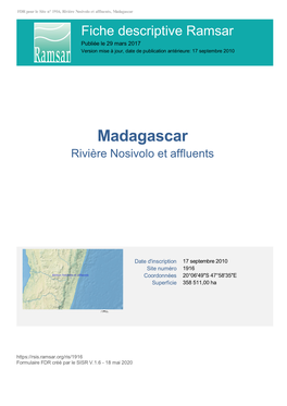 Madagascar Fiche Descriptive Ramsar Publiée Le 29 Mars 2017 Version Mise À Jour, Date De Publication Antérieure: 17 Septembre 2010
