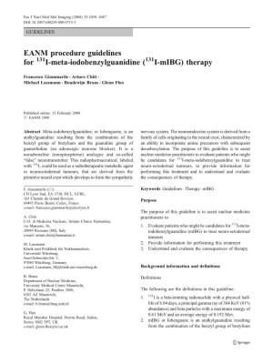 EANM Procedure Guidelines for 131I-Meta-Iodobenzylguanidine (131I-Mibg) Therapy