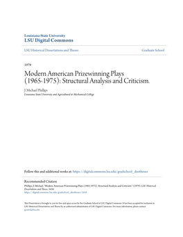 Modern American Prizewinning Plays (1965-1975): Structural Analysis and Criticism