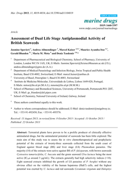 Assessment of Dual Life Stage Antiplasmodial Activity of British Seaweeds