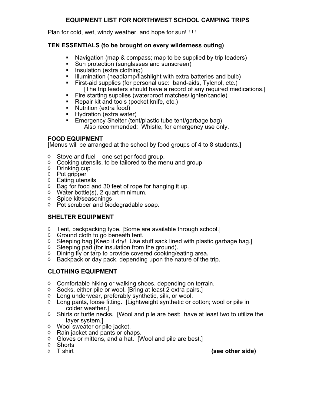 Equipment List for Nws Camping Trips