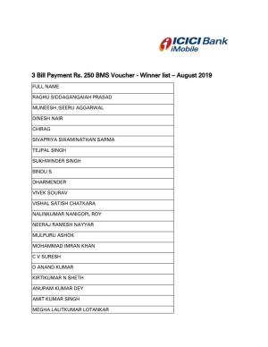 3 Bill Payment Rs. 250 BMS Voucher - Winner List – August 2019