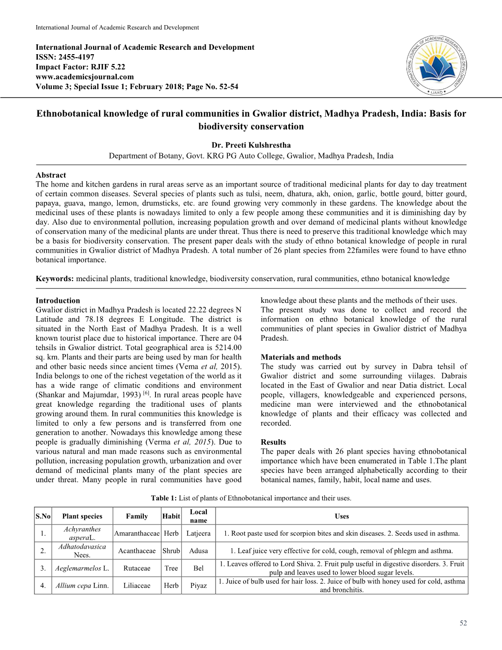 Ethnobotanical Knowledge of Rural Communities in Gwalior District, Madhya Pradesh, India: Basis for Biodiversity Conservation