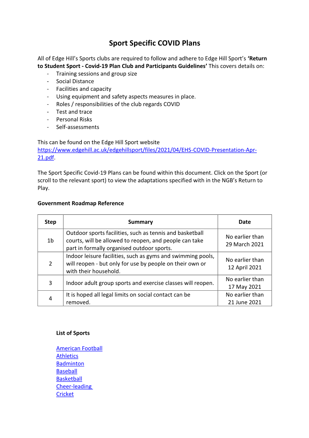 Sport Specific COVID Plans