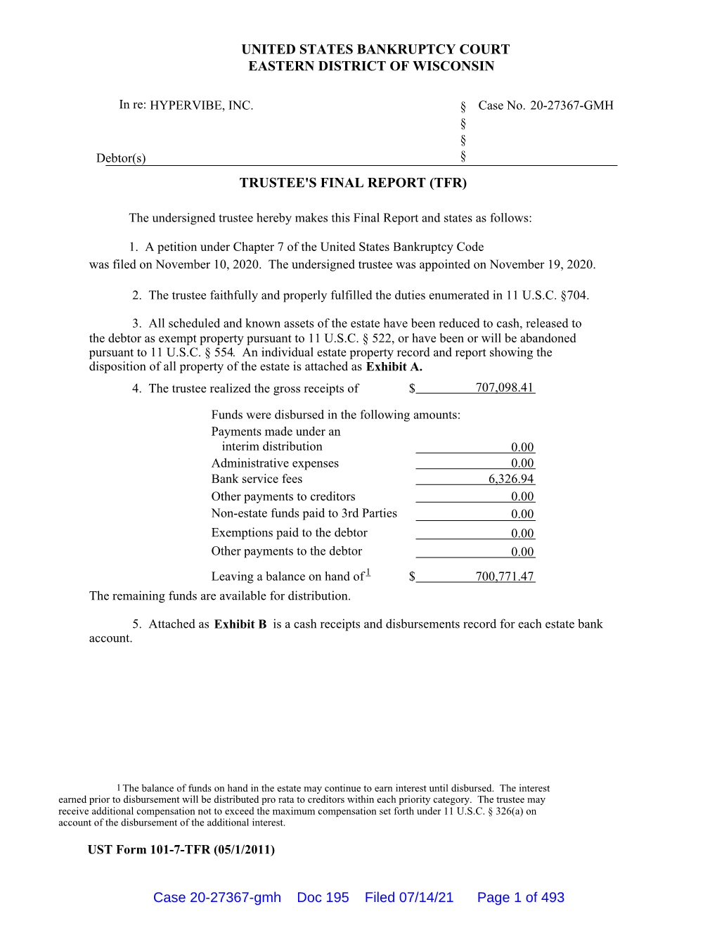 UNITED STATES BANKRUPTCY COURT EASTERN DISTRICT of WISCONSIN TRUSTEE's FINAL REPORT (TFR) Case 20-27367-Gmh Doc 195 Filed