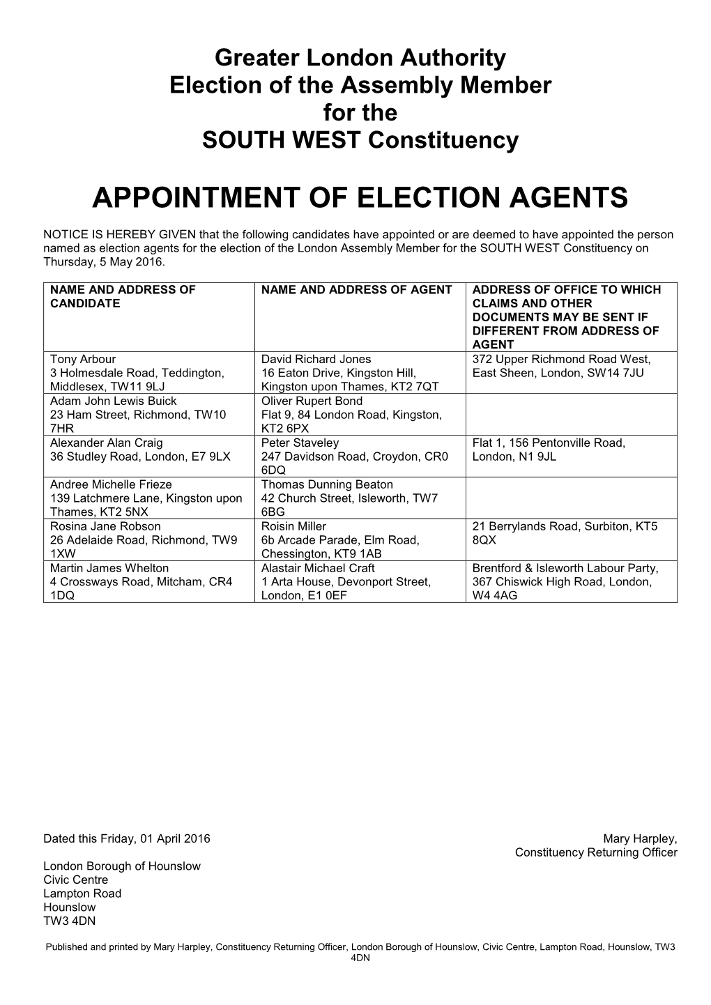 Appointment of Election Agents