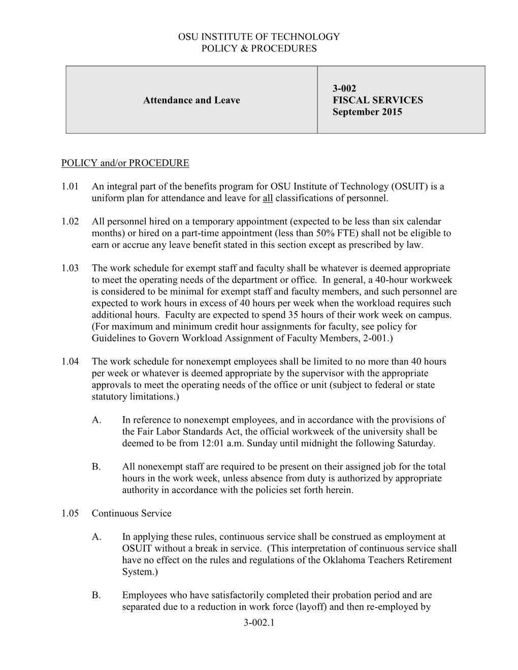 Attendance and Leave FISCAL SERVICES September 2015