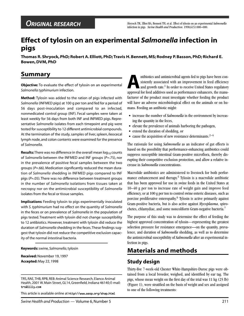 Effect of Tylosin on an Experimental Salmonella Infection in Pigs Thomas R