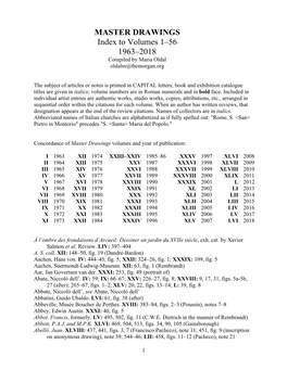 MASTER DRAWINGS Index to Volumes 1–56 1963–2018 Compiled by Maria Oldal Oldalm@Themorgan.Org