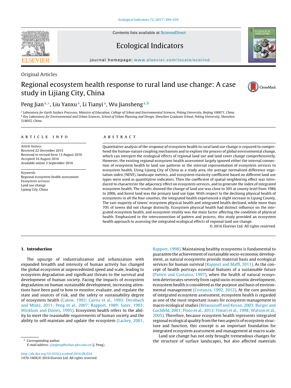 Ecological Indicators Regional Ecosystem Health Response to Rural