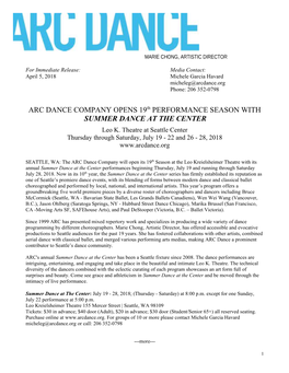 ARC DANCE COMPANY OPENS 19Th PERFORMANCE SEASON with SUMMER DANCE at the CENTER Leo K