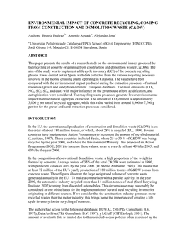 Environmental Impact of Concrete Recycling, Coming from Construction and Demolition Waste (C&Dw)