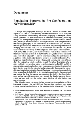 Documents Population Patterns in Pre-Confederation New Brunswick*
