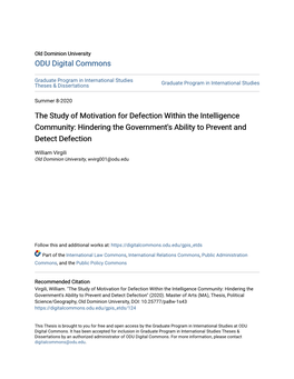 The Study of Motivation for Defection Within the Intelligence Community: Hindering the Government's Ability to Prevent and Detect Defection