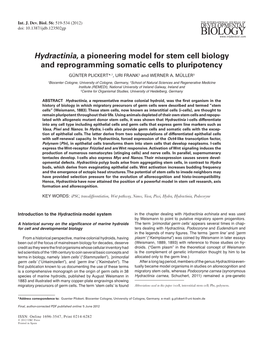 Hydractinia, a Pioneering Model for Stem Cell Biology and Reprogramming Somatic Cells to Pluripotency GÜNTER PLICKERT*,1, URI FRANK2 and WERNER A