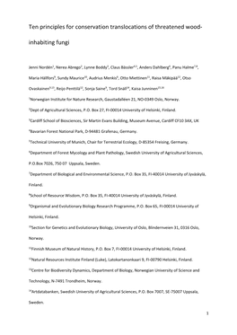 Ten Principles for Conservation Translocations of Threatened Wood- Inhabiting Fungi