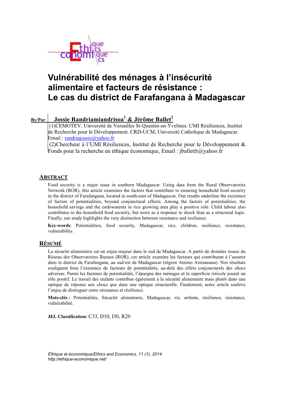 Vulnérabilité Des Ménages À L'insécurité Alimentaire Et Facteurs