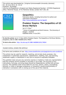 Predator Empire: the Geopolitics of US Drone Warfare Ian G