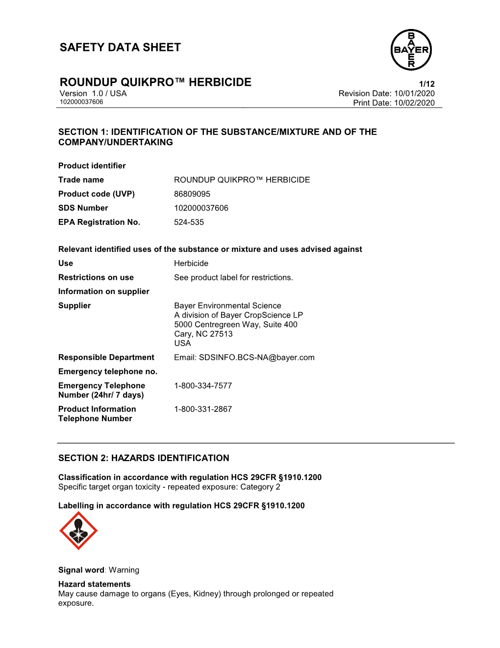 Safety Data Sheet Roundup Quikpro™ Herbicide
