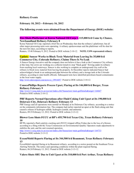 Refinery Events February 10 – February 16