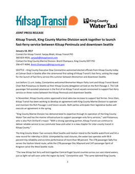 Kitsap Transit, King County Marine Division Partner to Launch Fast-Ferry