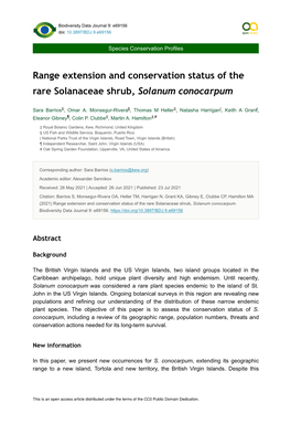 Range Extension and Conservation Status of the Rare Solanaceae Shrub, Solanum Conocarpum
