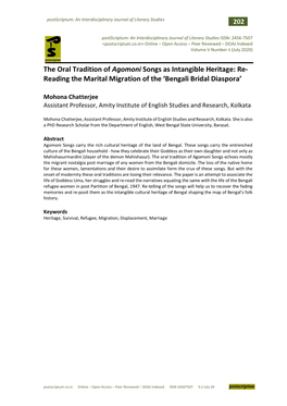 The Oral Tradition of Agomoni Songs As Intangible Heritage: Re- Reading the Marital Migration of the ‘Bengali Bridal Diaspora’
