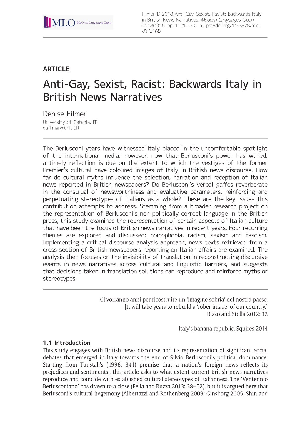 Anti-Gay, Sexist, Racist: Backwards Italy in British News Narratives