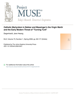 Catholic Martyrdom in Dekker and Massinger's the Virgin Martir and the Early Modern Threat of "Turning Turk"