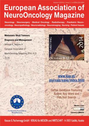 Metastatic Skull Tumours: Diagnosis and Management Mitsuya K, Nakasu Y European Association of Neurooncology Magazine 2014; 4 (2) 71-74